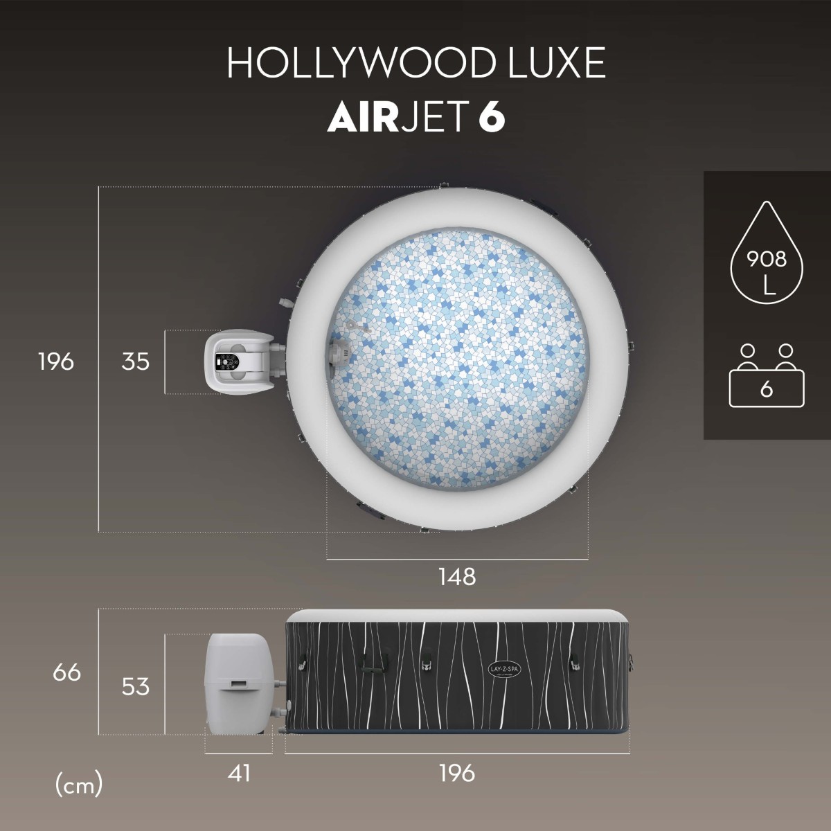 Hollywood Luxe AirJet 6 Wymiary: Średnica/Długość: 196 cm Wysokość: 66 cm Pojemność: 908 litrów Liczba osób: 6 Liczba dysz masujących: 140